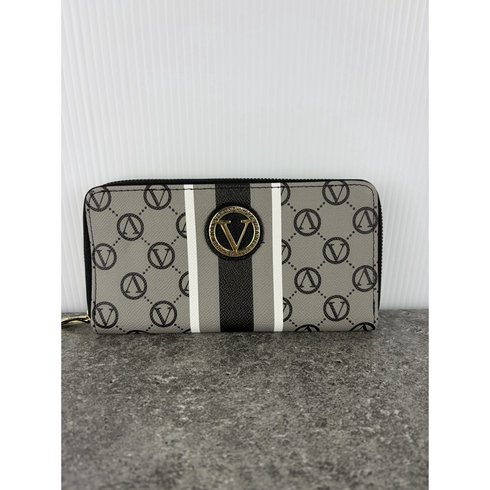 Vera New York Wallet Womens Zip Around Black Gray Monogram Stripe Classic Gift